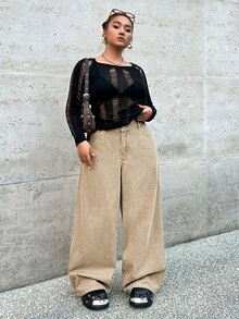 SHEIN ICON 大码休闲宽松阔腿牛仔裤，蓝色，时尚百搭 - 卡其色 - 查看 4