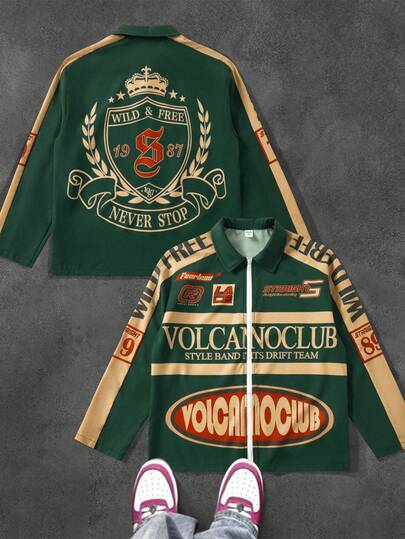 男童休闲日常舒适印花翻领拉链宽松梭织衬衫