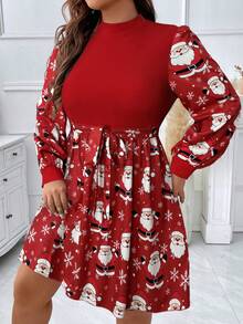 EMERY ROSE Plus Size Stand Collar Colorblock Ditsy Floral Fitted Waist A-Line Casual Holiday Dress - Multicolor - View 3