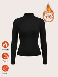 SHEIN BASICS 女士休闲高领紧身保暖长袖打底T恤，适合秋冬季穿着。 - 黑色 - 查看 5