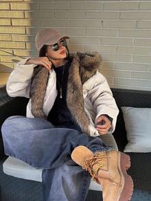 DAZY 女士拼接毛领宽松长袖连帽休闲街头风羽绒服，秋冬款 - 杏色 - 查看 2