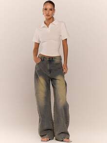 MUSERA 水洗灯笼裤牛仔裤，酷女孩街头风日常休闲秋冬款 - 芥末黃 - 查看 1