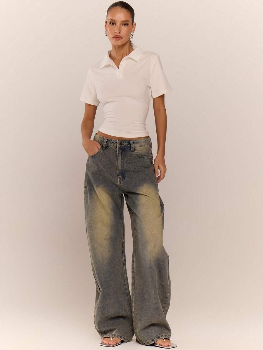 MUSERA 水洗灯笼裤牛仔裤，酷女孩街头风日常休闲秋冬款 - 芥末黃 - 查看 1