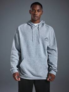 Driftmere 男士休闲街头野花山印花宽松抓绒连帽衫，引领时尚潮流，保暖舒适，适合运动户外，日常休闲运动上衣 - 深灰色 - 查看 4