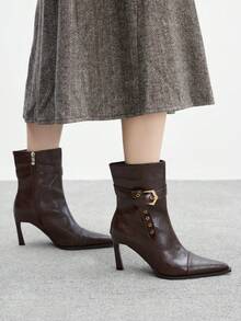 CUCCOO BIZCHIC Pointed-Toe Stiletto Boots | Bronze Buckle Strap Detail | Smooth Leather-Look | Leg-Lengthening Mid-Calf | 2 Pairs, Premium Synthetic - Brown - View 3