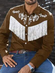 Manfinity Nomadique Men's Casual Western Cowboy Vacation Style Floral Print Contrast Color Fringe Decor Long Sleeve Shirt, Spring/Autumn Mens Fringe Western Mens Wear Brown And White Shirt Men