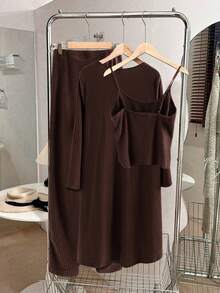 SHEIN LUNE 大码女装三件套：纯色罗纹可调节吊带背心 + 休闲开襟长袖开衫 + 松紧腰紧身裤 - 藏蓝色 - 查看 2