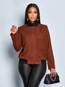 SOLERSUN Jaket Kantor Elegan Bergaris Cokelat untuk Wanita, Jaket Komuter Harian Musim Gugur, Kerah Tinggi Merah Bata, Kerah Kontras Bergaris Hitam, Kancing, Saku Palsu, dan Hem Berkerut - Rust Brown - View 1