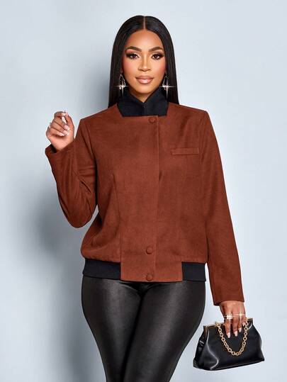 SOLERSUN Jaket Kantor Elegan Bergaris Cokelat untuk Wanita, Jaket Komuter Harian Musim Gugur, Kerah Tinggi Merah Bata, Kerah Kontras Bergaris Hitam, Kancing, Saku Palsu, dan Hem Berkerut