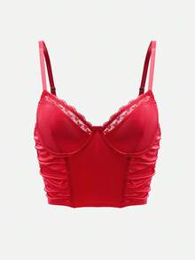 EmpressEnvy Sujetador corto ajustado de mujer con tirantes finos, parches de encaje y unicolor, para Navidad - Rojo - Ver 8