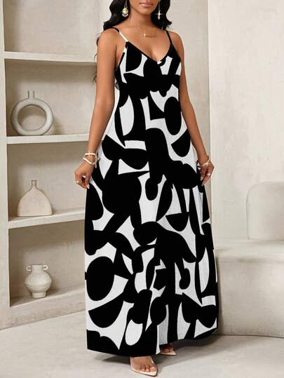 SHEIN Lady Geometric Print, Long Slip Dress Suitable For Everyday Casual Sexy Tropical Wear Vacation Black And White Summer