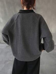 FRIFUL 女士华夫格纹针织高领卫衣，撞色装饰，金属纽扣点缀，灯笼袖，加厚长袖套头衫，秋冬款 - 灰色 - 查看 4