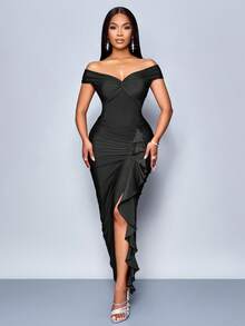 SOLERSUN Mùa hè Thu Quần áo dự tiệc cho nữ Burgundy trễ vai tay ngắn giữa ngực trước thắt nút hai bên xẻ tà phía trước xếp nếp viền váy dài - màu đen - Xem 6