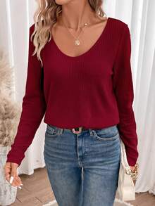 SHEIN Frenchy Áo thun dài tay phối ren vải waffle màu đỏ rượu vang, thích hợp cho mùa đông, Giáng sinh và Năm mới, kiểu dáng thường ngày cho nữ, màu đỏ rượu vang, tay dài, phong cách xuân hè. - Màu Đỏ Sâu - Xem 4