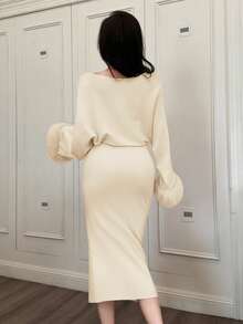 Feyla Robe pull en tricot élégante extra longue pour femmes, automne/hiver - Nude - Voir 2