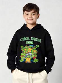TEENAGE MUTANT NINJA TURTLES | SHEIN 青少年男孩休闲图案印花连帽运动衫，秋冬 - 黑色 - 查看 7