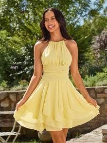 KARISMINA Women's Solid Color Ruched Hem Halter Neck Casual Dress Summer Dresses For Women,Butter Yellow Dress - Yellow - View 4