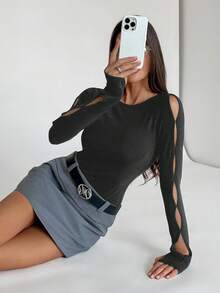 Siren Gaze 女士休闲日常通勤简约纯色长袖镂空修身T恤，春秋季 - 深灰色 - 查看 2