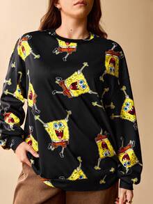 SpongeBob SquarePants | SHEIN Plus Size Cartoon Pattern Black Crew Neck Long Sleeve Pullover Sweatshirt Fall Top 90s - Black - View 3