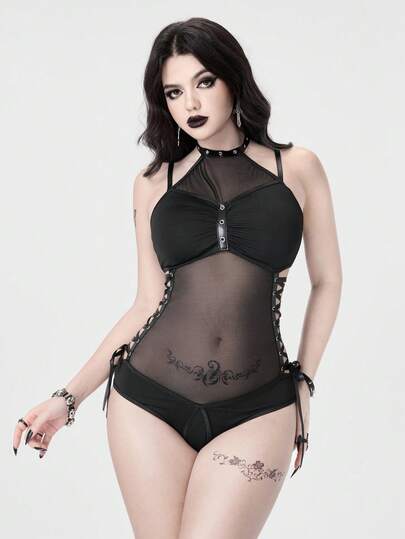 Grunge Punk Gothic Fishnet Pentagram Crotchless Bodysuit