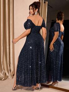 Cravure 大码女装新款时尚金属箔网纱露肩连衣裙 - 藏蓝色 - 查看 2