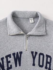 Sweat-shirt-shirt décontracté à demi-zip et col montant avec motif floral gris pour adolescentes et préadolescentes, Sweat-shirt-shirt ample à manches longues avec imprimé graphique minimaliste classique "New York", col rond épais, adapté pour l'automne/l'hiver - Gris - Voir 7