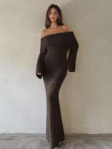 Aloruh 女士加厚罗纹露肩长袖修身长款毛衣连衣裙，粉色，秋冬款 - 棕色 - 查看 8