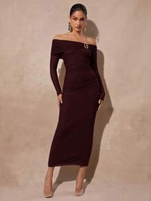 Silquee Women's Solid Color Minimalist Long Sleeve Casual Dress,Dresses For Women Elegant - Maroon - View 8