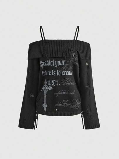 Goth Suéter ajustado con hombros descubiertos y diseño de cruz estilo punk coreano