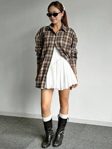 DAZY Women's Plaid Loose Turndown Collar Long Sleeve Shirt, Coffee Brown, Spring/Summer/Autumn