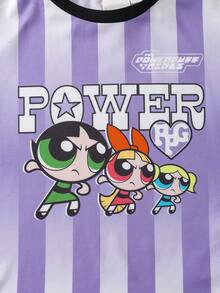 THE POWERPUFF GIRLS X SHEIN Young Girl Cartoon Character Print Purple Ombre Striped Loose Drop Shoulder Long Sleeve Sports Jersey T-Shirt - Purple - View 4