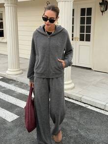 DAZY Ensemble 2 pièces veste à capuche et pantalon de couleur unie décontractée pour femmes, automne