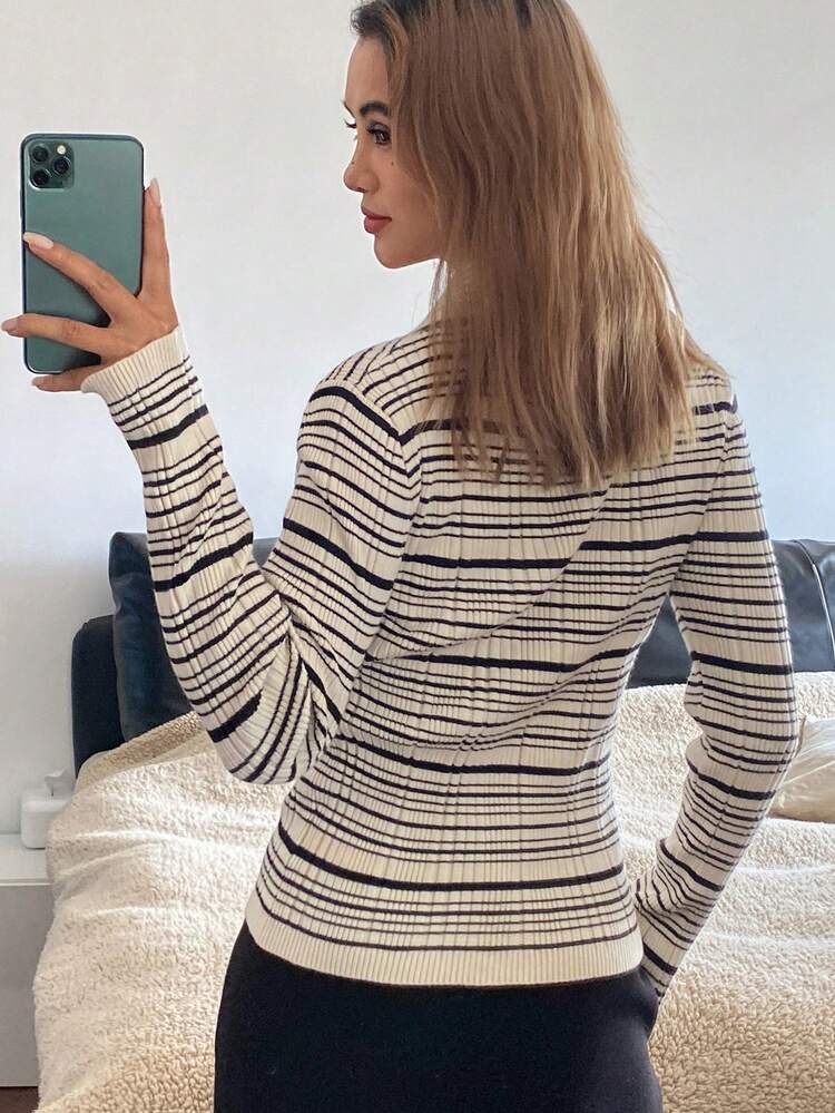 Women's Casual Colorblock Striped Lapel Cardigan Sweater, Autumn