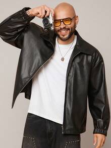 EASEVO Plus Size Men's Fashionable Street-Style PU Leather Zip-Up Long Sleeve Jacket - Black - View 3