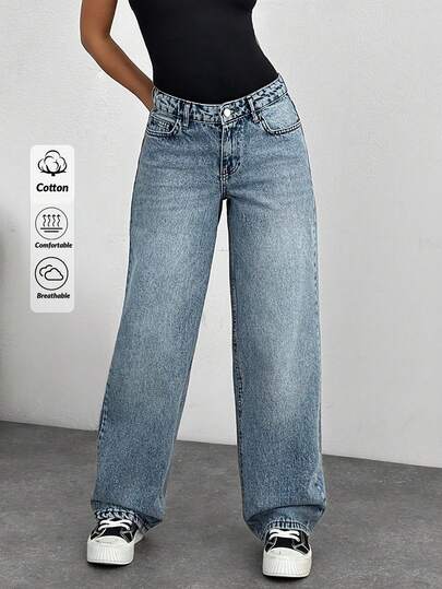 EURMUSE Jeans droits à coupe ample avec poches pour femmes, décontractés et polyvalents