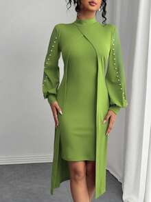 SHEIN Clasi 女士优雅圆领网纱拼接泡泡装饰长袖连衣裙长裙套装 - 橄欖綠 - 查看 7