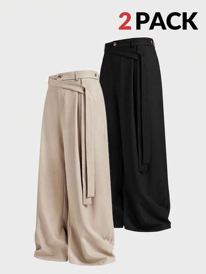 AKNOTIC Business Casual 2pcs Men's Woven Casual Loose Straight Leg Pants With Elastic Waistband, Khaki & Black Solid Color, Suitable For Daily Wear, Vacation, Party, Couple Matching, Men's Gift, Fall Clothes