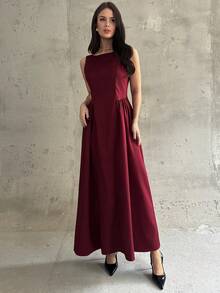 Firerie 女士休闲优雅酒红色露背连衣裙，A字裙摆，适合派对、节日和万圣节等场合。另有冬季连衣裙、圣诞连衣裙、新年服装、优雅派对礼服和毕业礼服可供选择。 - 酒紅色 - 查看 6