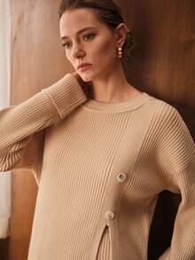 MOTF PREMIUM ENSEMBLE PULL OVERSIZE À ÉPAULES TOMBANTES EN TRICOT CÔTELÉ AVEC OURLET FENDU ET PANTALON LARGE EN TRICOT - Nude - Voir 8