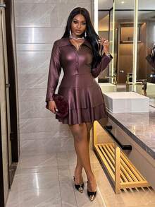 Slaydiva Elegantes Kleid in Große Größen für Damen im Winter, einfarbig, mit PU-Doppelschicht und Rüschenrand, geeignet für Weihnachtskleidung, Neujahrsbekleidung, elegante Partykleider, elegante Damenmode, Alltagskleidung, Bankette, Businesskleidung für Damen, Flughafenmode, Thanksgiving-Kleidung für Damen