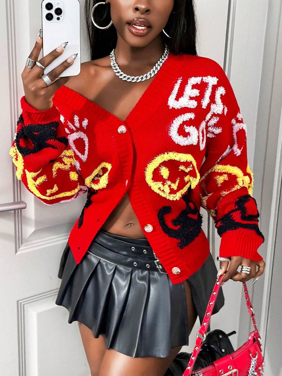 SHEIN BamGlam 秋冬新款宽松休闲字母图案开衫 - 紅色 - 查看 1