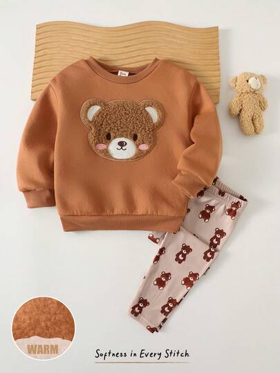 Cozy Pixies 2pcs Baby Girl Cartoon Bear Pattern Knitted Soft Round Neck Long Sleeve Pullover Top And Elastic Waist Thick Pants Set, Autumn/Winter