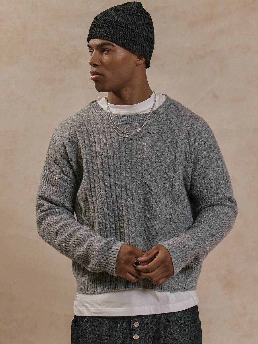 Musero Crew Neck Long Sleeve Cropped Multi Patch Pattern Cable Knit Style Jumper Sweater Autumn Winter Essentials - Light Grey - View 1