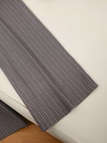 SHEIN Franclia 2pcs Set: Elegant French Style Commuter Black Square Collar Long Sleeve Bodycon Top And Striped Suit Pants, Autumn/Winter - Dark Grey - View 4