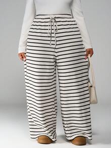 SHEIN PETITE CURVE Plus Size Women's Front Tie Striped Minimalist Casual Pants, Everyday Wear - Black and White - View 6