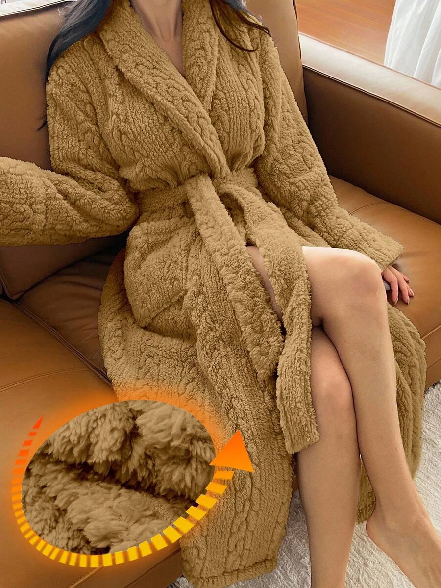 DAZY 女士简约纹理抓绒长款系带家居服，冬季居家服，蓬松舒适 - 棕色 - 查看 1