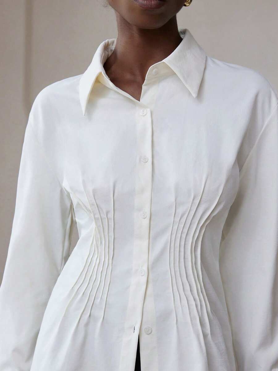 Aveloria Modichic French Fashion Casual Pleated Long Sleeve Shirt - White - View 1