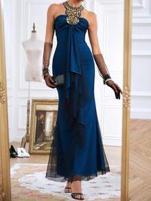 Almamuse Vacation Style Ruched Halter Dress For Women - Blue - View 1