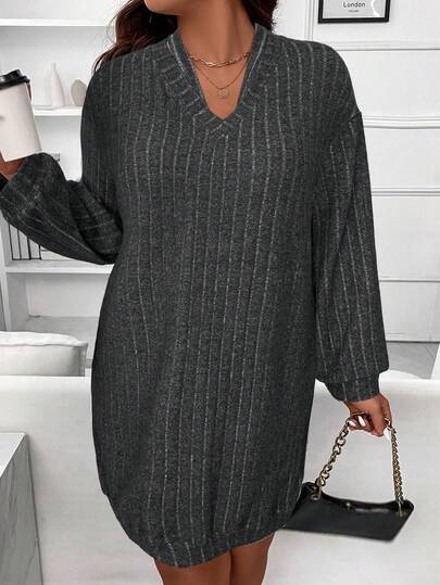 SHEIN LUNE Camiseta holgada de punto con cuello en V, talla grande, otoño