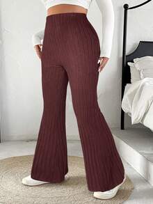 SHEIN EZwear 大码女式纯色松紧腰罗纹喇叭裤 - 卡其色 - 查看 4